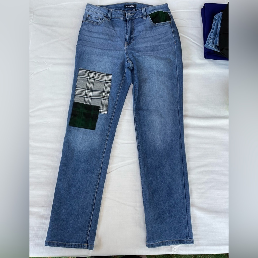 D. Jeans. Size 6. Plaid patches.